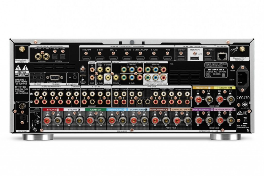 The rear of the SR7010 has barely any space left unutilized, with color coded terminals for easy setup