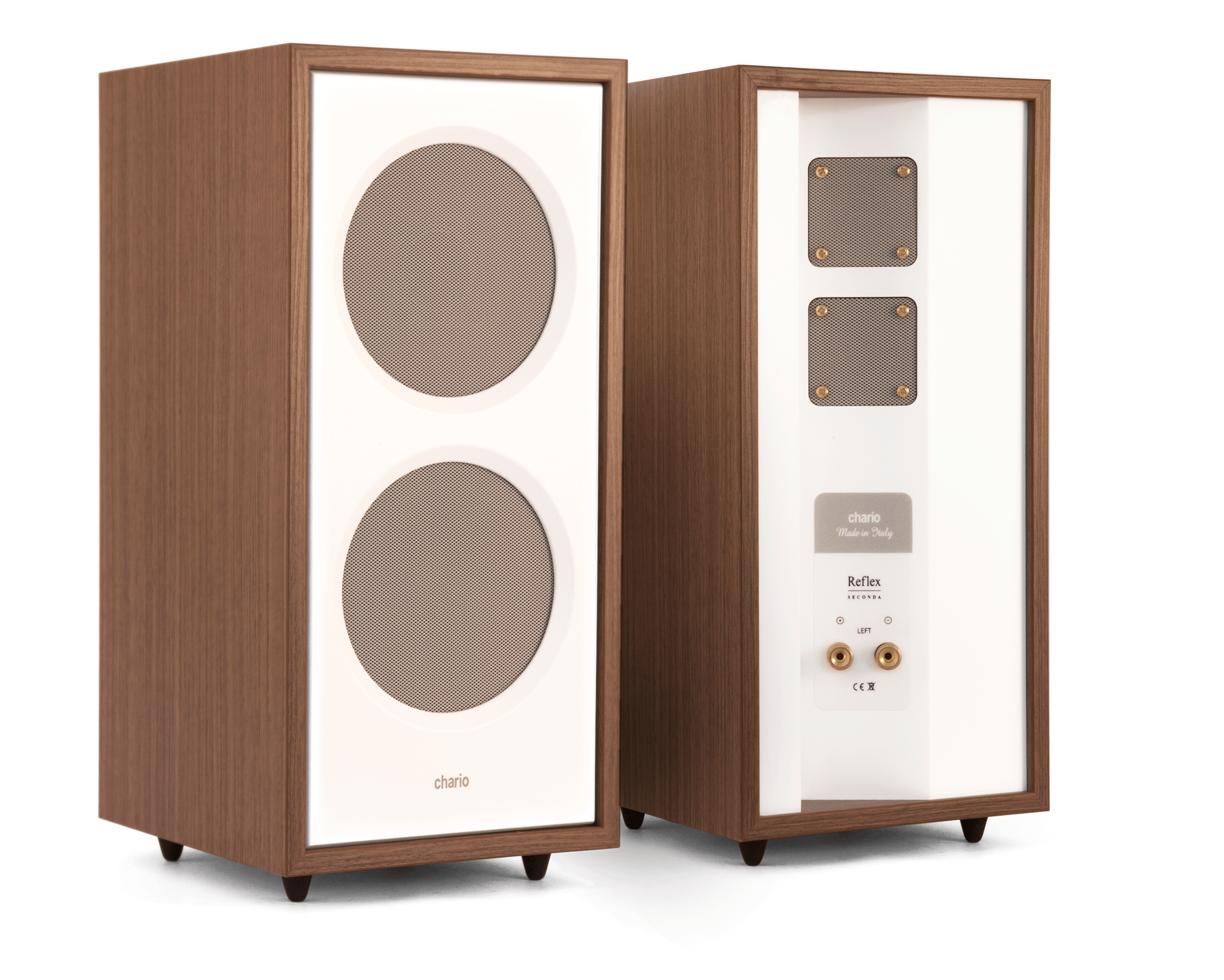 Chario Seconda in an attractive white/walnut combination finish. Note the angled pair of tweeters at the rear