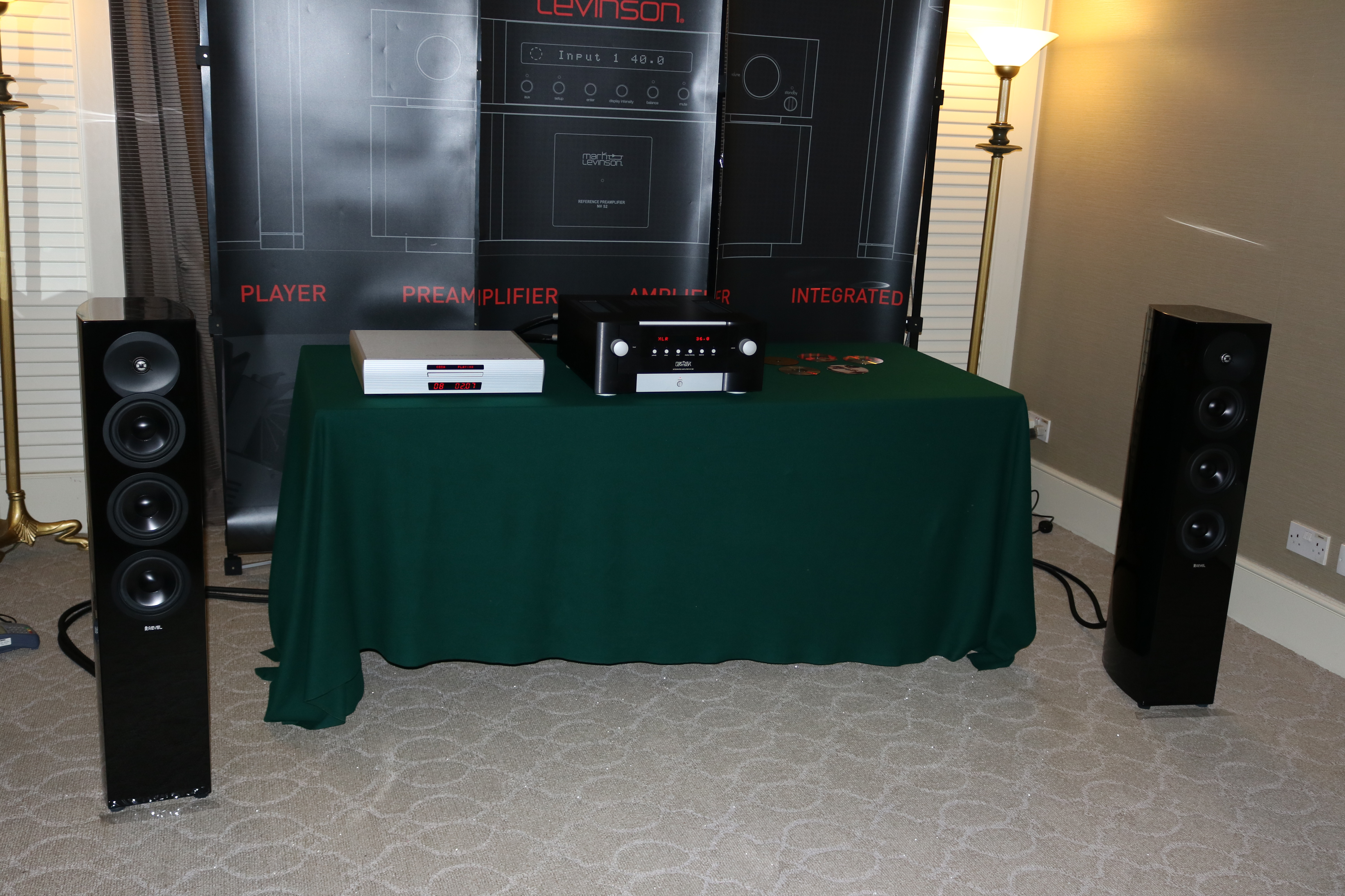 Playback Design CD player, Mark Levinson integrated amp and Revel speakers in the Clarity MP room.