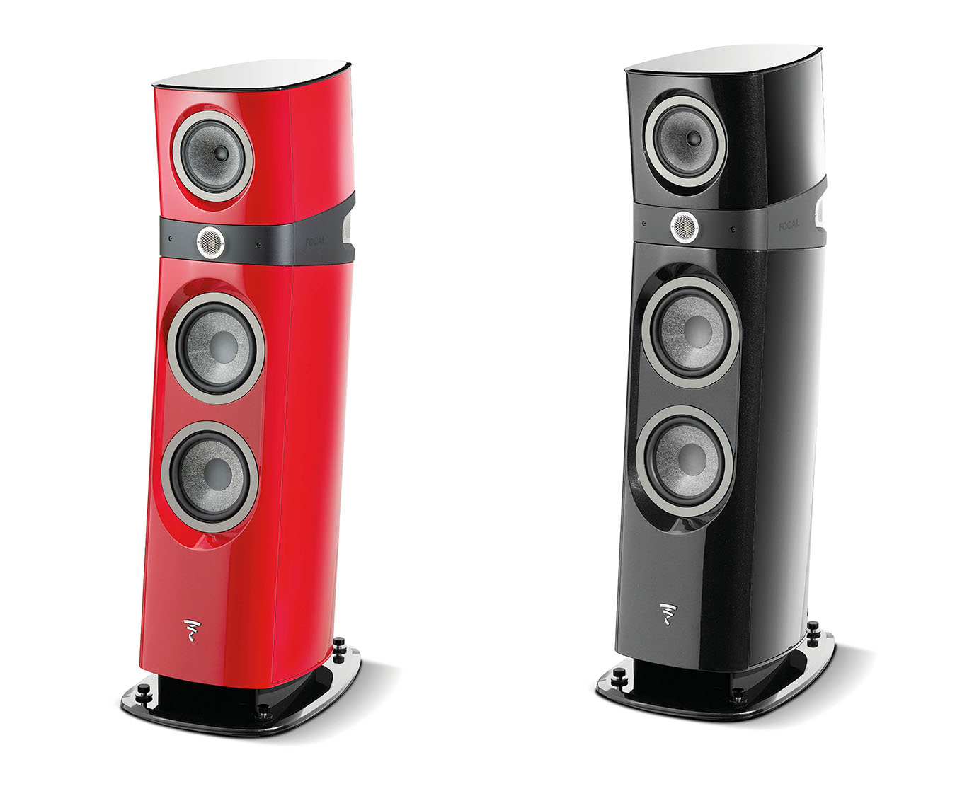 The Focal Sopra N⁰3 is available in up to five gorgeous finishes.  Shown here are the Imperial Red (left) and the Black Lacquer variations