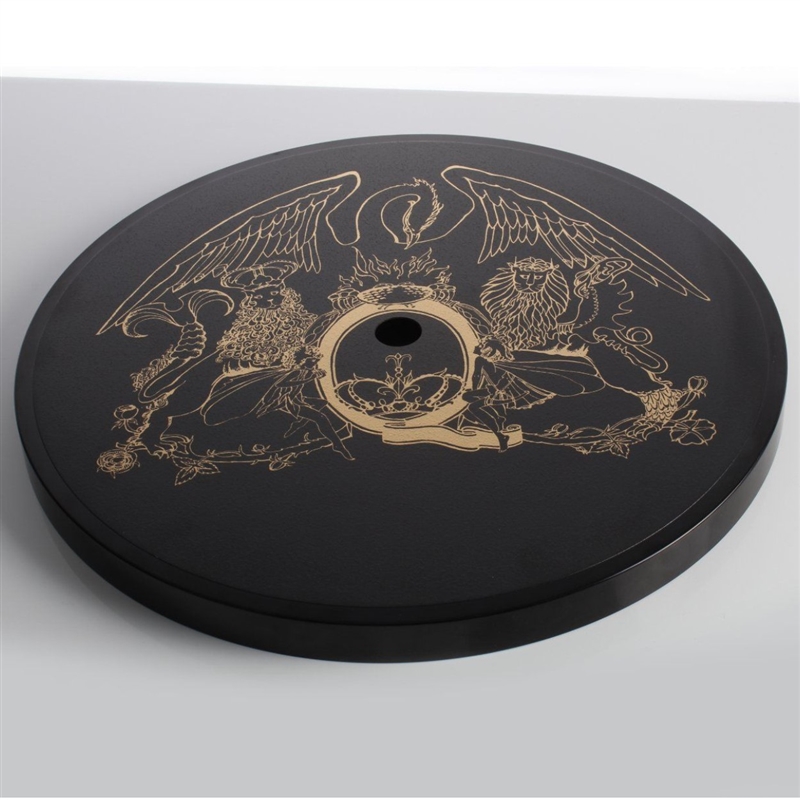 The Queen logo, which is on the platter of the turntable. There is an included slip mat that will sit above this to protect it when the turntable is in use