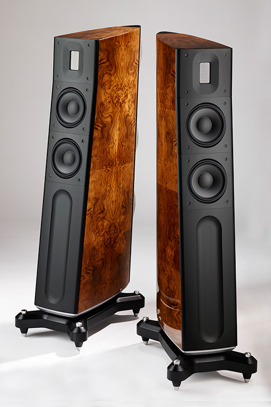 The Raidho D2.1 seen here in a gorgeous Burr Walnut /Matt Black combination finish