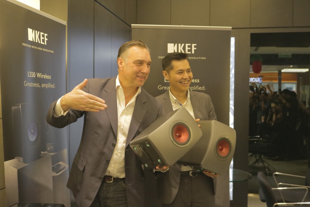 GP Acoustics (UK) Ltd Brand Development head Johan Coorg (left) and GP Industries Group Business Deelopment Director Asia Pacific Lawrence Chu holding a pair of KEF LS50 Wireless speakers at the launch.