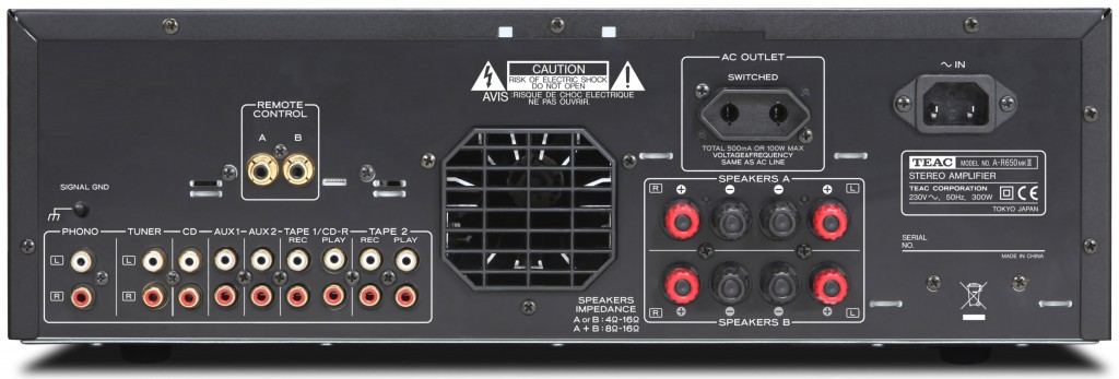 The connections on the rear of the A-R650MKII. Remember to leave a little breathing room for the fan to help keep this amplifier cool