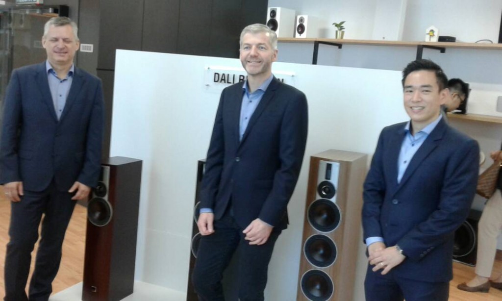 Michael Pedersen(left), Lars Jorgensen(center) and Tan Wei Shen seen here posing in front of the Company's Rubicon range of loudspeaker systems.