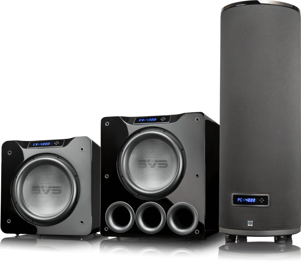 SVS’s new 4000 Series, subwoofers.   From Left, the SB-4000, The PB-4000, and the PC-4000