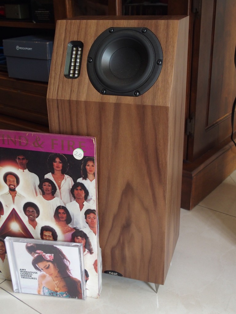 The Neat speaker is just slightly taller than an LP leaning against it.