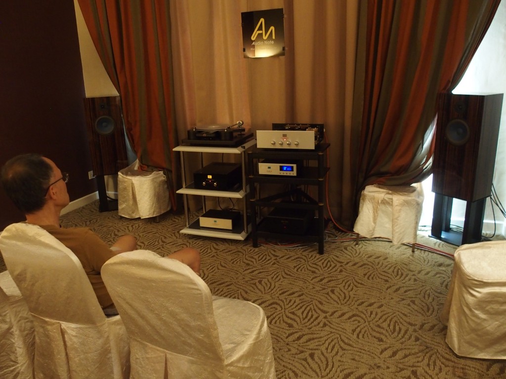 The speakers were tucke into the corners of teh room in the Audio Note Malaysia room.