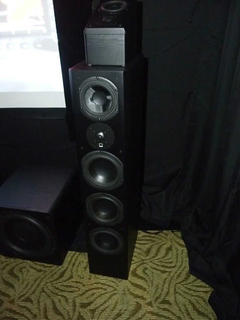 The SVS Prime Pinnacle speaker in Maxx AV's room. Note the upward-firing Atmos speaker on top.