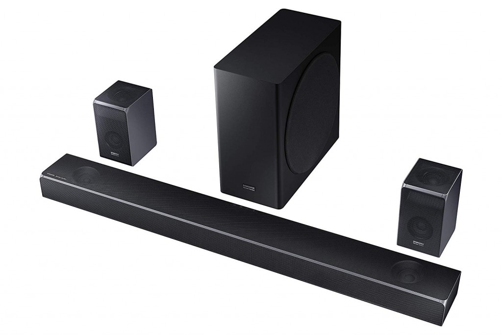 The Q90R sports a much larger soundbar, a pair of wireless rear speakers and 8 inch subwoofer