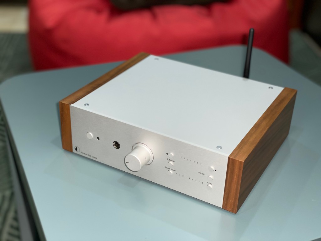 Pro-Ject's Pre Box DS2 Digital looks smart with the wood panels on the side. Seen here with Walnut side panels