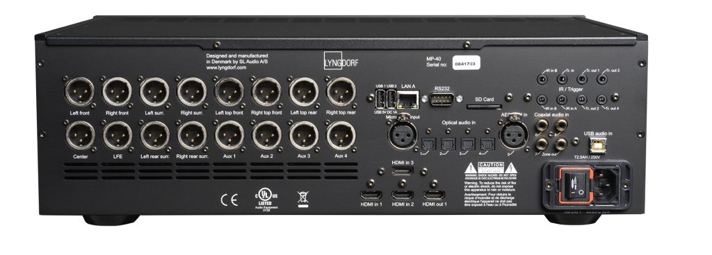 The neatly-laid out back of the Lyngdorf SP-40 surround sound processor.