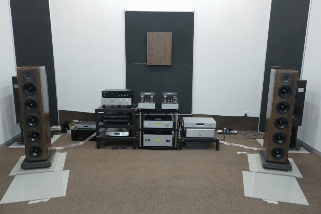 The Xavian flagship speakers driven by Tsakiridis pre and power monoblock tube amps.