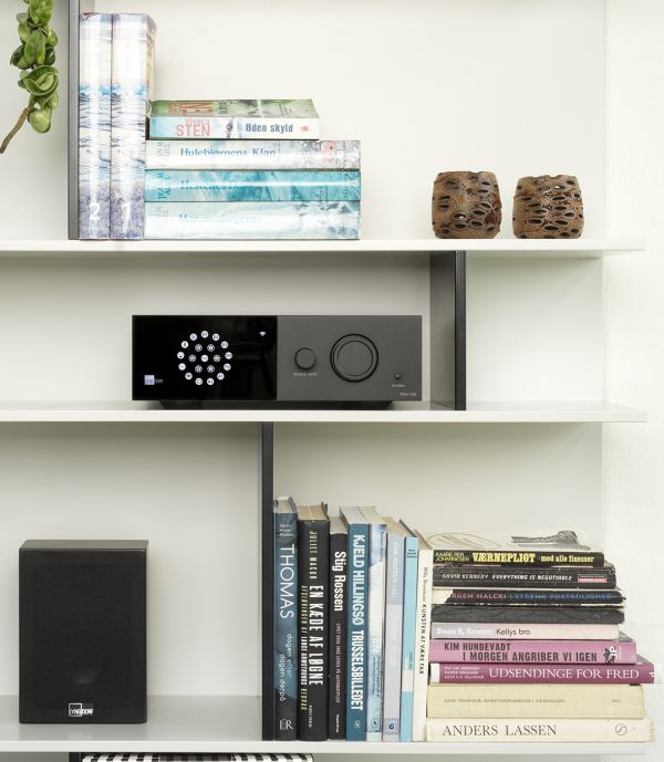 The Lyngdorf TDAI-1120 is compact enough to be placed on a bookshelf.